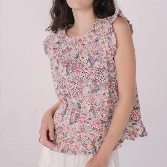 NWT Solitaire Ruffle Sleeve Eyelet Embroidered Sleeveless Blouse Size S - Picture 1 of 11